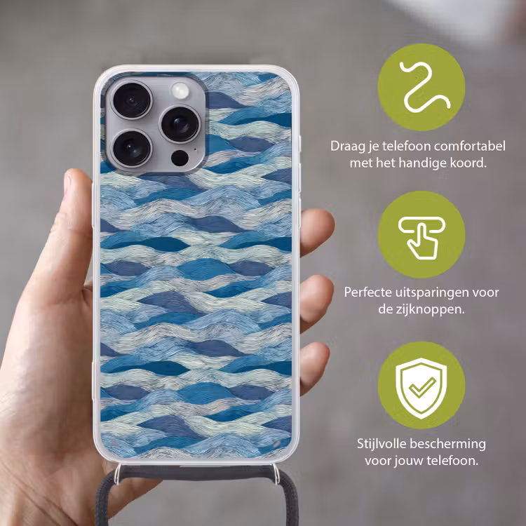 Getekend - Blauw - Wit - Golvend - Streepjes Hoesje iPhone 16 Pro Max met koord klein 804 -sfeer2_NL