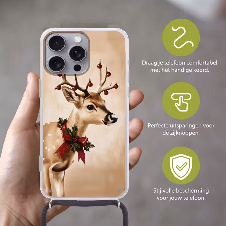 Gewei - Kerst - Rendier - Rood Hoesje iPhone 16 Pro Max met koord klein -sfeer2_NL