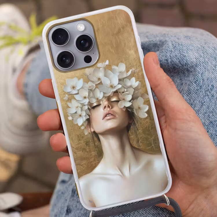 Gezicht - Bloemen - Goud - Abstract Hoesje iPhone 16 Pro Max met koord klein -sfeer3