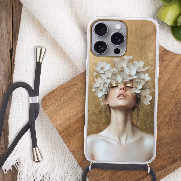 Gezicht - Bloemen - Goud - Abstract Hoesje iPhone 16 Pro Max met koord klein -sfeer4