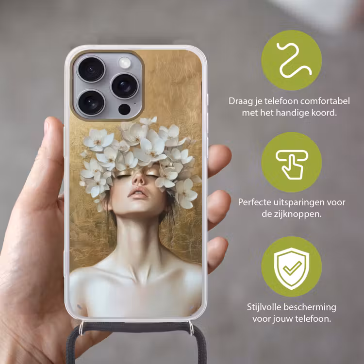 Gezicht - Bloemen - Goud - Abstract Hoesje iPhone 16 Pro Max met koord klein -sfeer2_NL