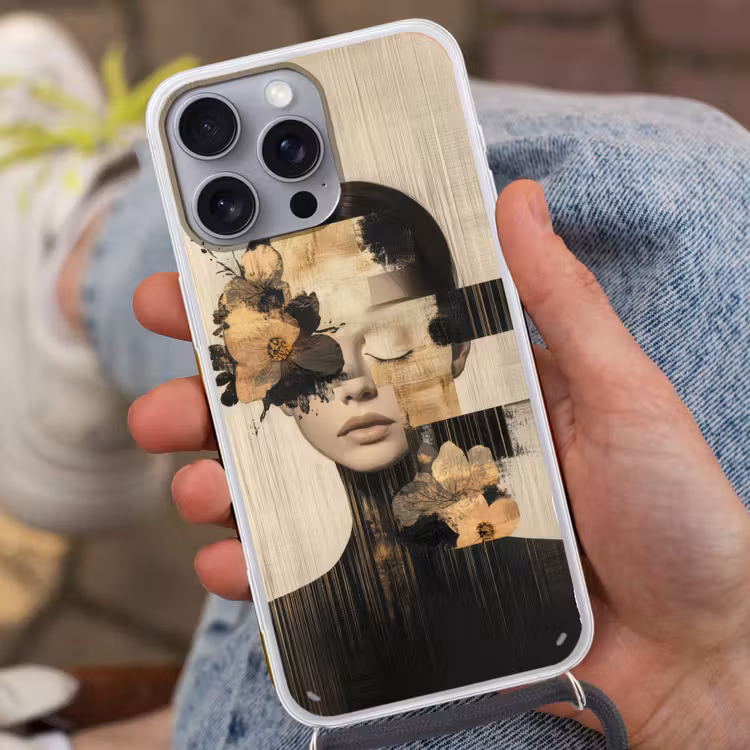 Gezicht - Bloemen - Zwart - Vrouw Hoesje iPhone 16 Pro Max met koord klein -sfeer3