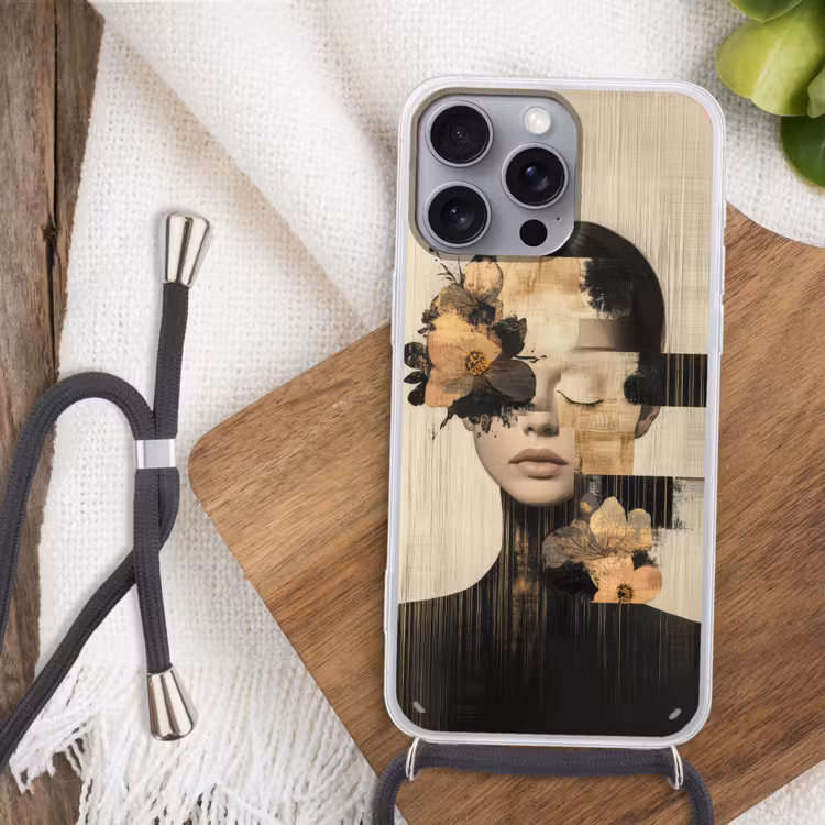 Gezicht - Bloemen - Zwart - Vrouw Hoesje iPhone 16 Pro Max met koord klein -sfeer4