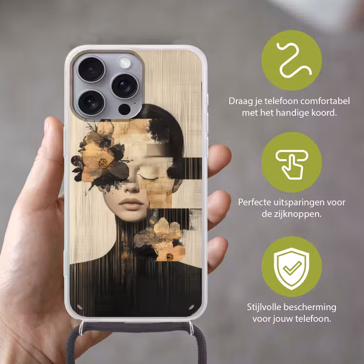 Gezicht - Bloemen - Zwart - Vrouw Hoesje iPhone 16 Pro Max met koord klein -sfeer2_NL