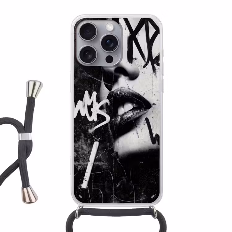 Gezicht - Mond - Graffiti - Zwart Hoesje iPhone 16 Pro Max met koord klein -3d