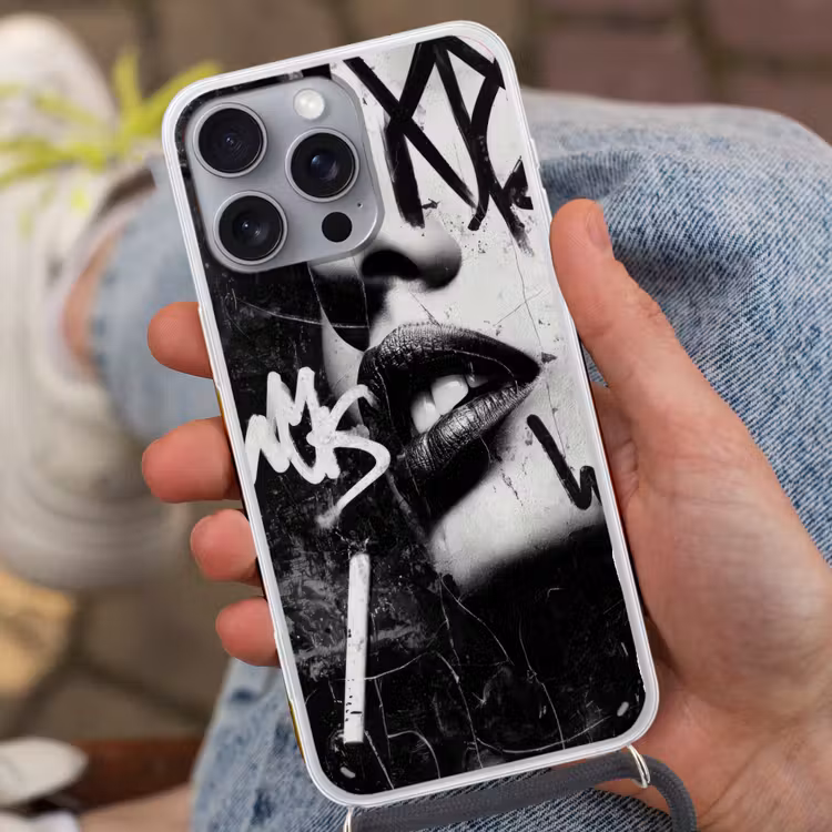 Gezicht - Mond - Graffiti - Zwart Hoesje iPhone 16 Pro Max met koord klein -sfeer3