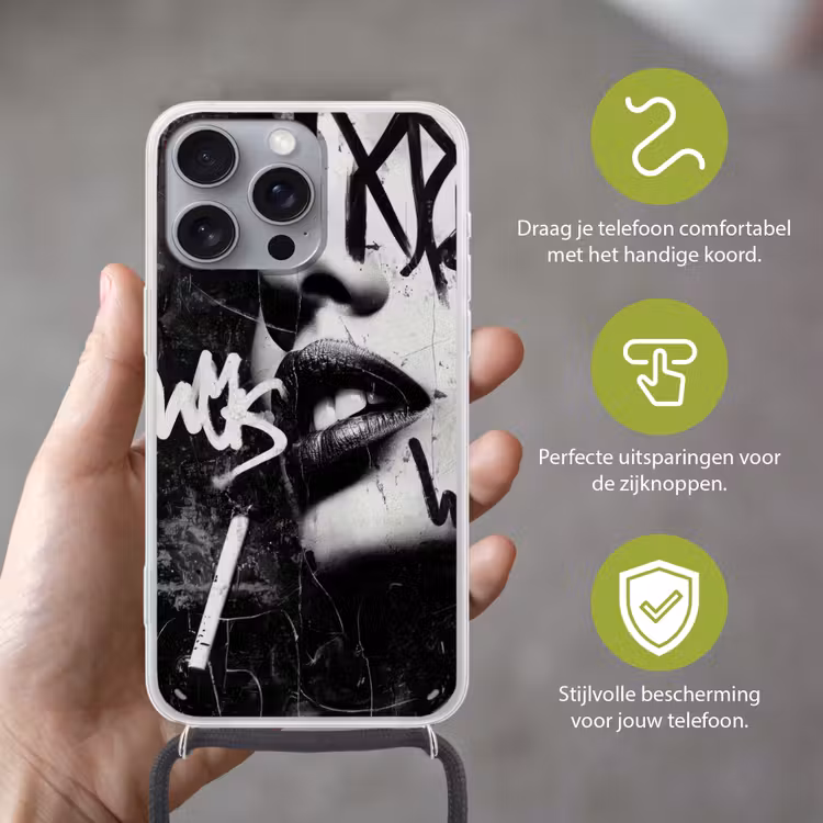 Gezicht - Mond - Graffiti - Zwart Hoesje iPhone 16 Pro Max met koord klein -sfeer2_NL
