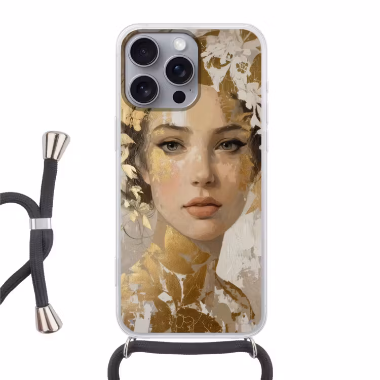 Gezicht - Vrouw - Bladeren - Goud Hoesje iPhone 16 Pro Max met koord klein -3d