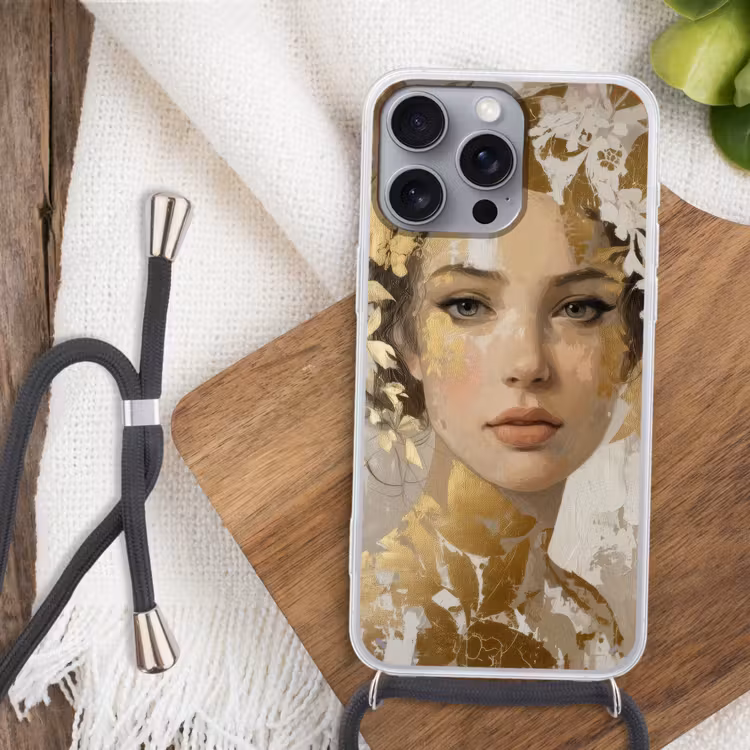 Gezicht - Vrouw - Bladeren - Goud Hoesje iPhone 16 Pro Max met koord klein -sfeer4