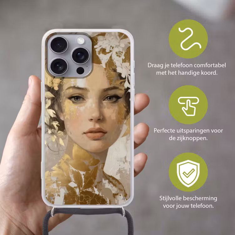 Gezicht - Vrouw - Bladeren - Goud Hoesje iPhone 16 Pro Max met koord klein -sfeer2_NL