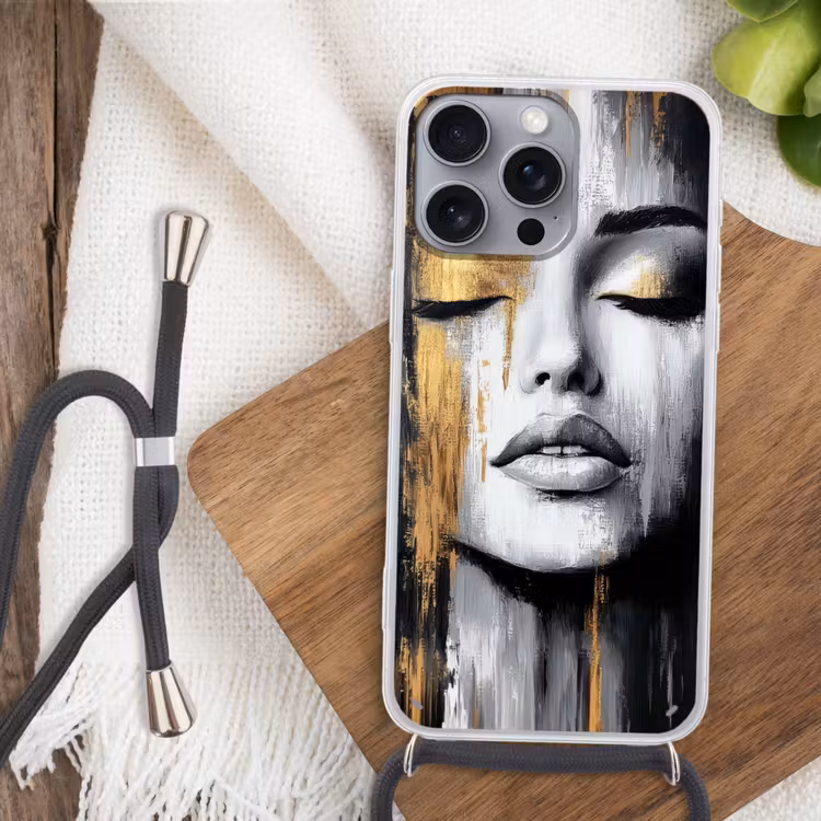 Gezicht - Vrouw - Penseelstreken - Abstract Hoesje iPhone 16 Pro Max met koord klein -sfeer4