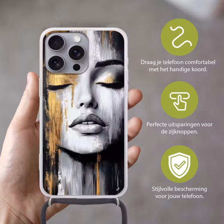 Gezicht - Vrouw - Penseelstreken - Abstract Hoesje iPhone 16 Pro Max met koord klein -sfeer2_NL