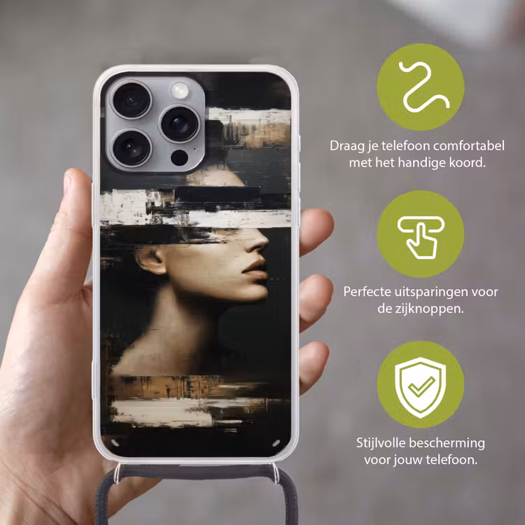 Gezicht - Vrouw - Zwart - Abstract Hoesje iPhone 16 Pro Max met koord klein -sfeer2_NL