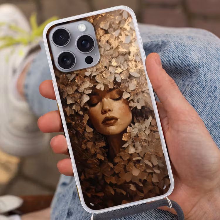 Gezicht - Vrouwe - Bladeren - Penseelstreken Hoesje iPhone 16 Pro Max met koord klein -sfeer3
