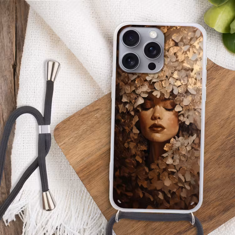 Gezicht - Vrouwe - Bladeren - Penseelstreken Hoesje iPhone 16 Pro Max met koord klein -sfeer4