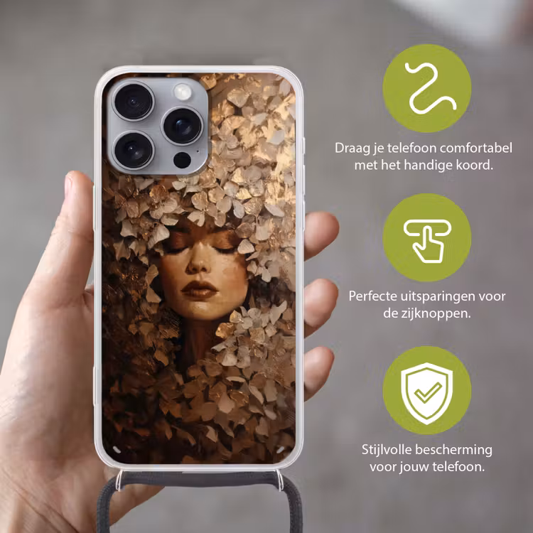 Gezicht - Vrouwe - Bladeren - Penseelstreken Hoesje iPhone 16 Pro Max met koord klein -sfeer2_NL