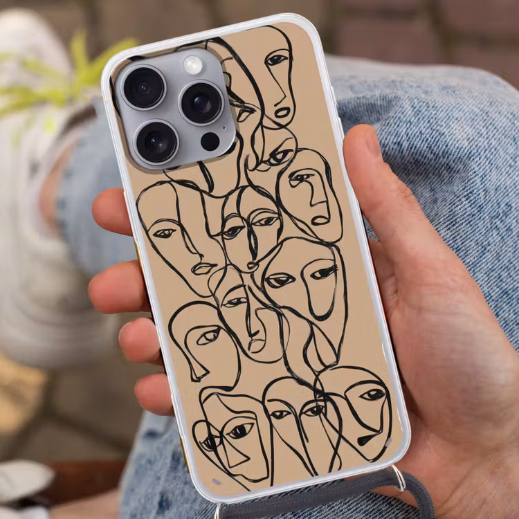 Gezichtenzee - Lijntekening - Abstract Hoesje iPhone 16 Pro Max met koord klein -sfeer3