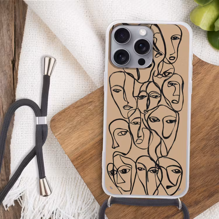 Gezichtenzee - Lijntekening - Abstract Hoesje iPhone 16 Pro Max met koord klein -sfeer4