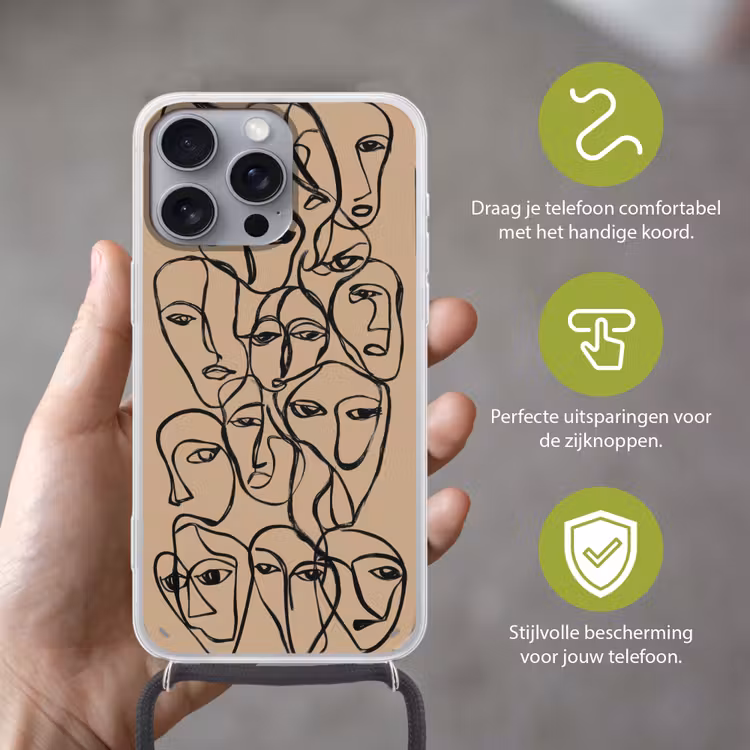 Gezichtenzee - Lijntekening - Abstract Hoesje iPhone 16 Pro Max met koord klein -sfeer2_NL