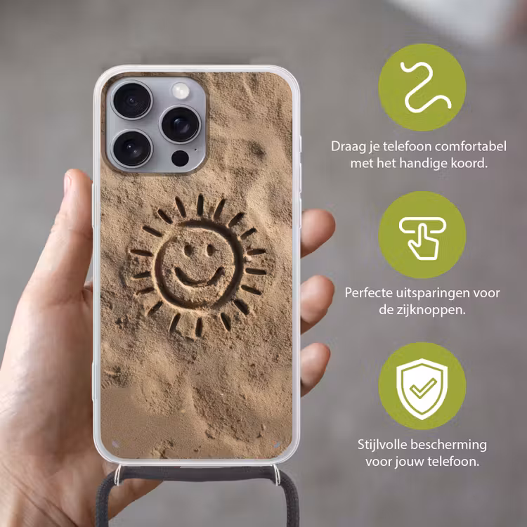 Gezichtje - Zon - Zand - Getekend Hoesje iPhone 16 Pro Max met koord klein -sfeer2_NL
