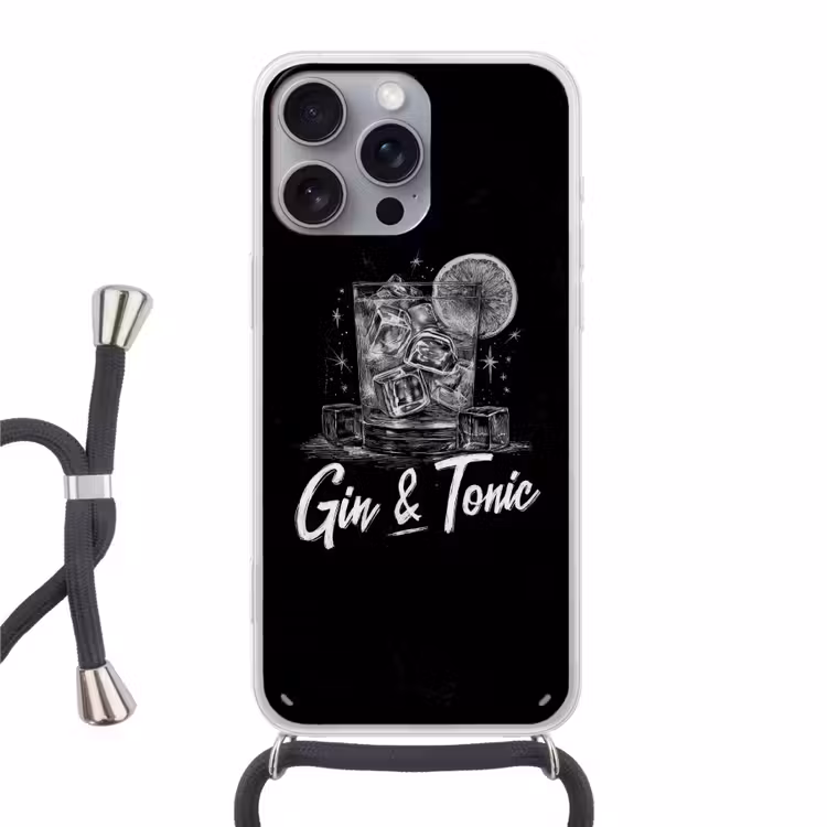 Gin en tonic - Glas - Limoen - Ijsblokjes Hoesje iPhone 16 Pro Max met koord klein -3d