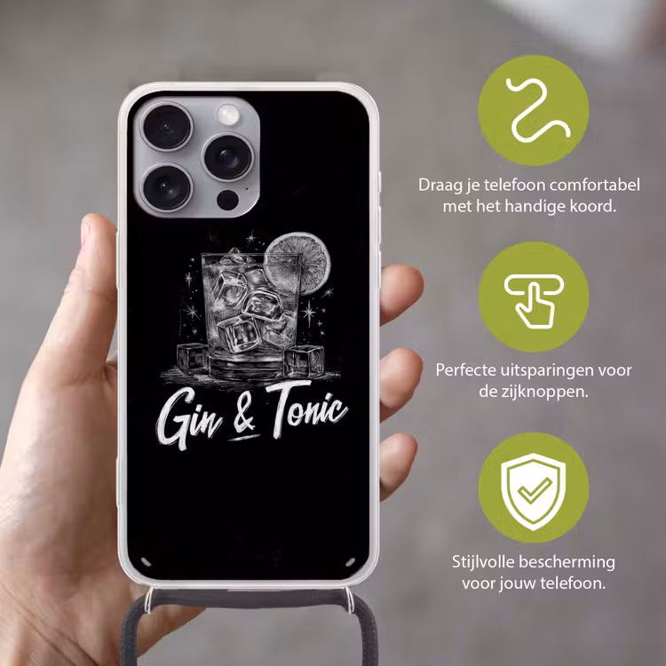 Gin en tonic - Glas - Limoen - Ijsblokjes Hoesje iPhone 16 Pro Max met koord klein -sfeer2_NL