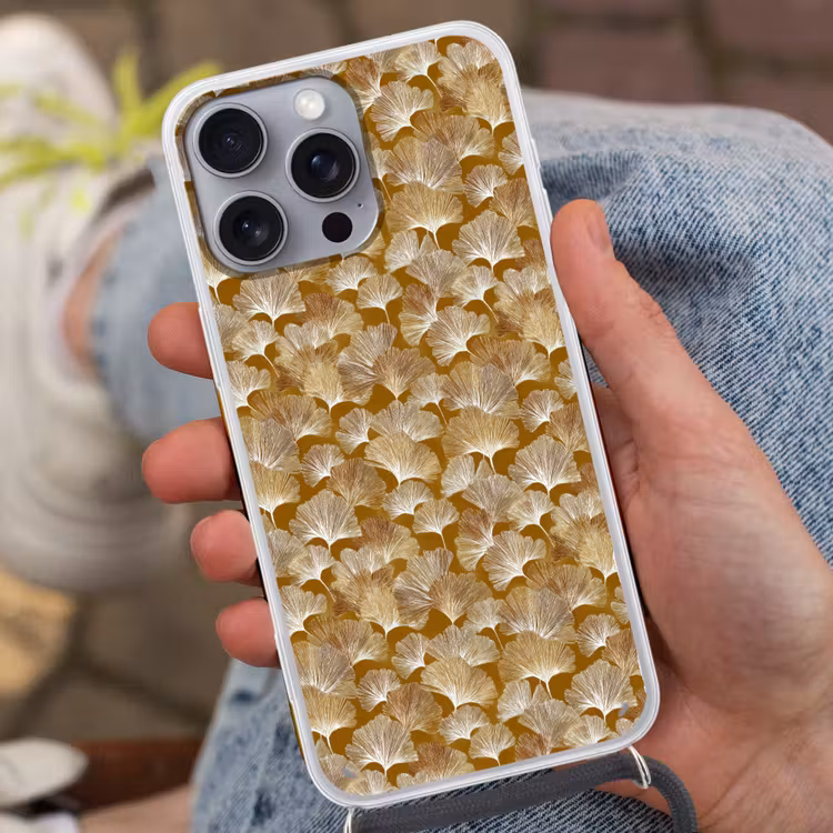 Ginkgo - Bladeren - Goud Hoesje iPhone 16 Pro Max met koord klein 804 -sfeer3