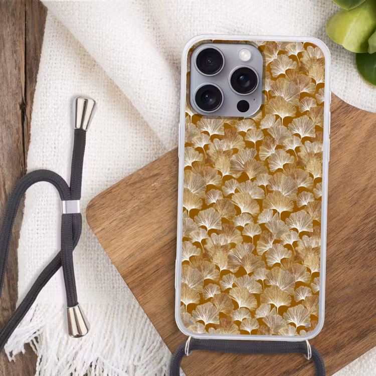 Ginkgo - Bladeren - Goud Hoesje iPhone 16 Pro Max met koord klein 804 -sfeer4
