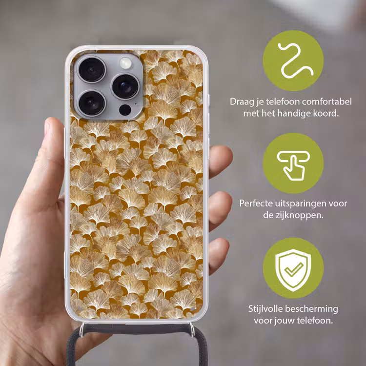 Ginkgo - Bladeren - Goud Hoesje iPhone 16 Pro Max met koord klein 804 -sfeer2_NL