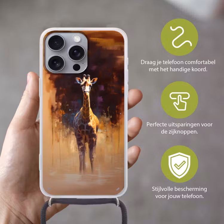 Giraf - Bruin - Abstract - Geschilderd Hoesje iPhone 16 Pro Max met koord klein -sfeer2_NL