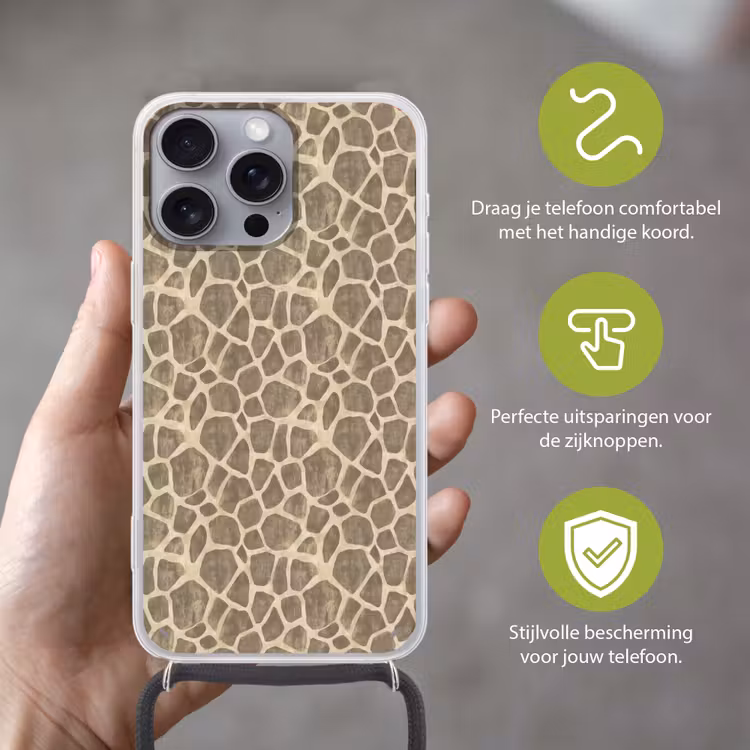 Giraf - Patroon - Beige - Bruin Hoesje iPhone 16 Pro Max met koord klein 804 -sfeer2_NL