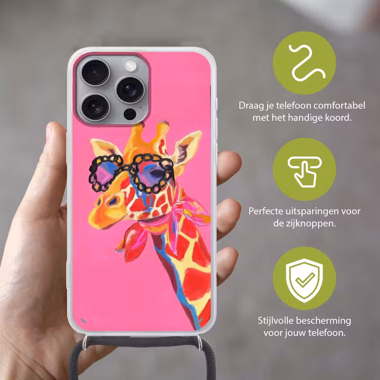 Giraf - Roze - Bril - Sjaal Hoesje iPhone 16 Pro Max met koord klein -sfeer2_NL
