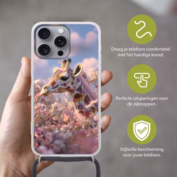 Giraffe - Bloemen - Roze Hoesje iPhone 16 Pro Max met koord klein -sfeer2_NL