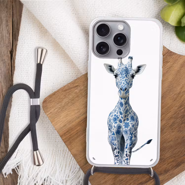 Giraffe - Delfts blauw - Dieren - Minimalistisch Hoesje iPhone 16 Pro Max met koord klein -sfeer4