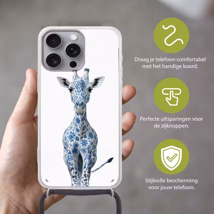 Giraffe - Delfts blauw - Dieren - Minimalistisch Hoesje iPhone 16 Pro Max met koord klein -sfeer2_NL