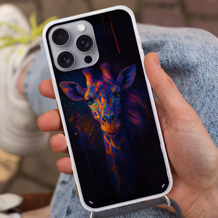 Giraffe - Gekleurd - Verfspatten Hoesje iPhone 16 Pro Max met koord klein -sfeer3