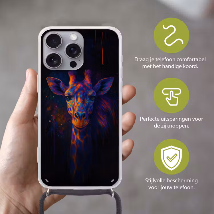 Giraffe - Gekleurd - Verfspatten Hoesje iPhone 16 Pro Max met koord klein -sfeer2_NL