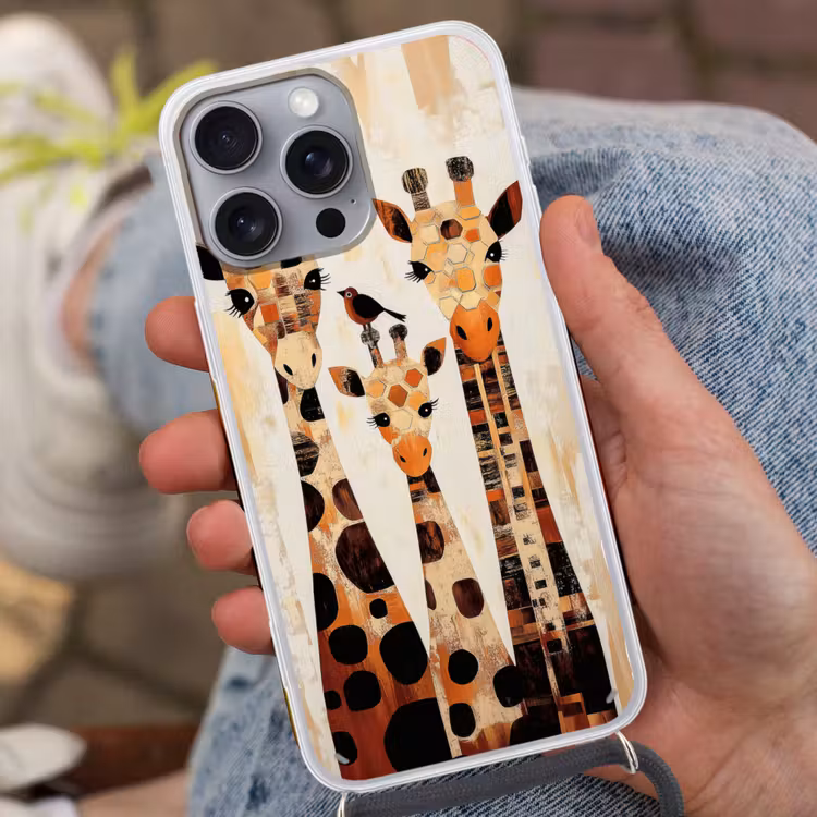 Giraffen - Cartoon - Crème Hoesje iPhone 16 Pro Max met koord klein -sfeer3