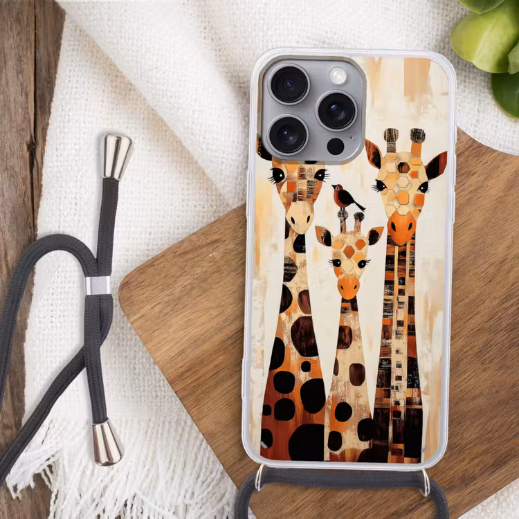 Giraffen - Cartoon - Crème Hoesje iPhone 16 Pro Max met koord klein -sfeer4