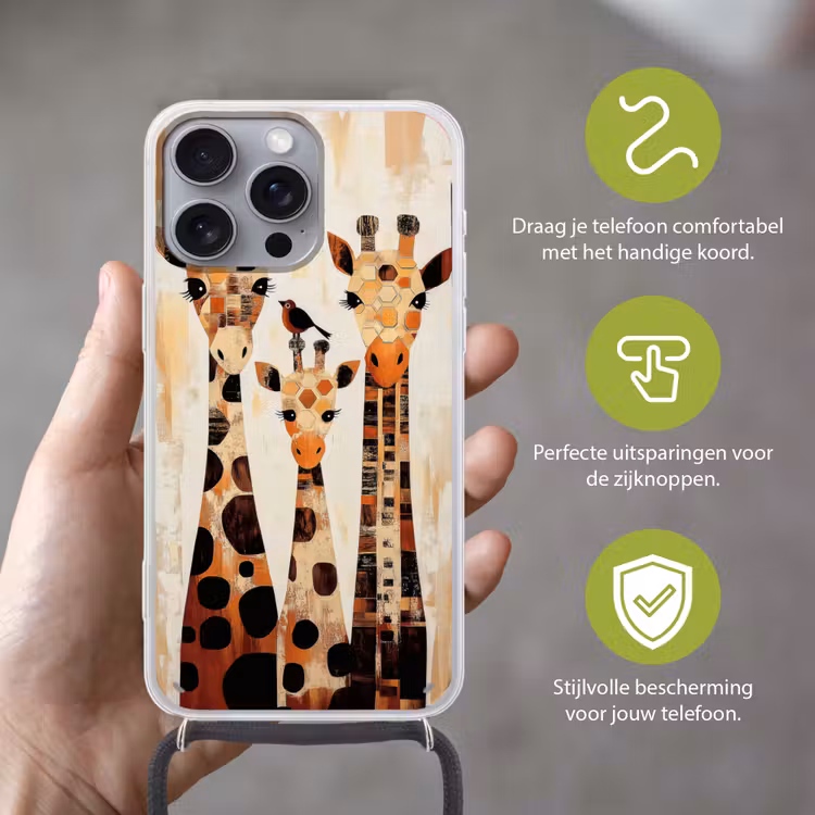 Giraffen - Cartoon - Crème Hoesje iPhone 16 Pro Max met koord klein -sfeer2_NL