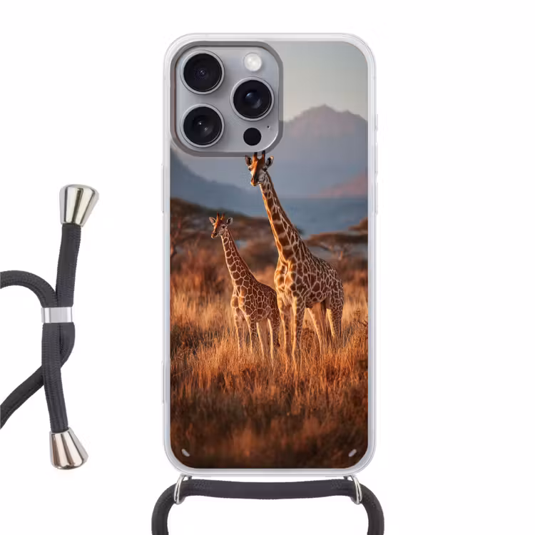 Giraffen - Hoog gras - Acaciabomen Hoesje iPhone 16 Pro Max met koord klein -3d