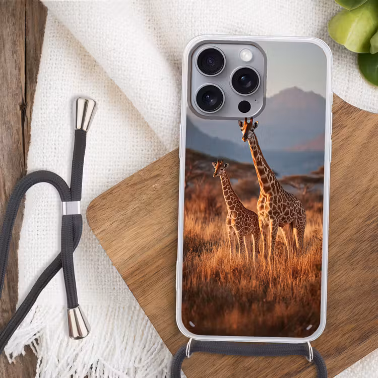 Giraffen - Hoog gras - Acaciabomen Hoesje iPhone 16 Pro Max met koord klein -sfeer4