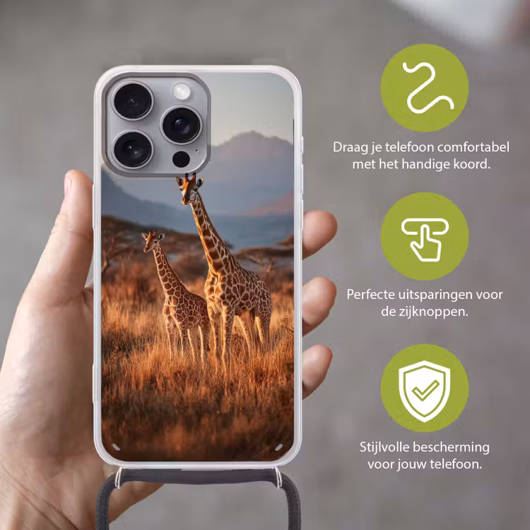 Giraffen - Hoog gras - Acaciabomen Hoesje iPhone 16 Pro Max met koord klein -sfeer2_NL