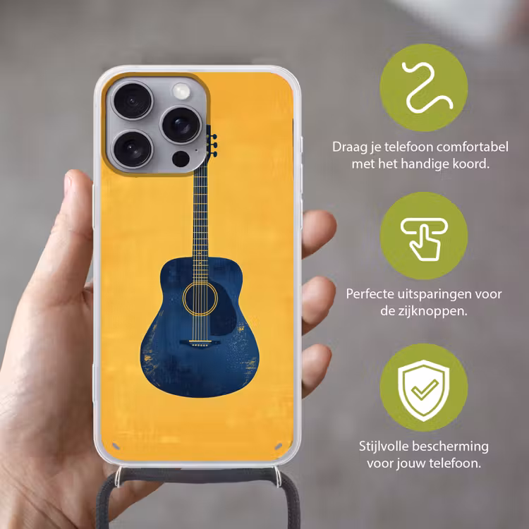 Gitaar - Akoestisch - Geel - Minimalistisch Hoesje iPhone 16 Pro Max met koord klein -sfeer2_NL