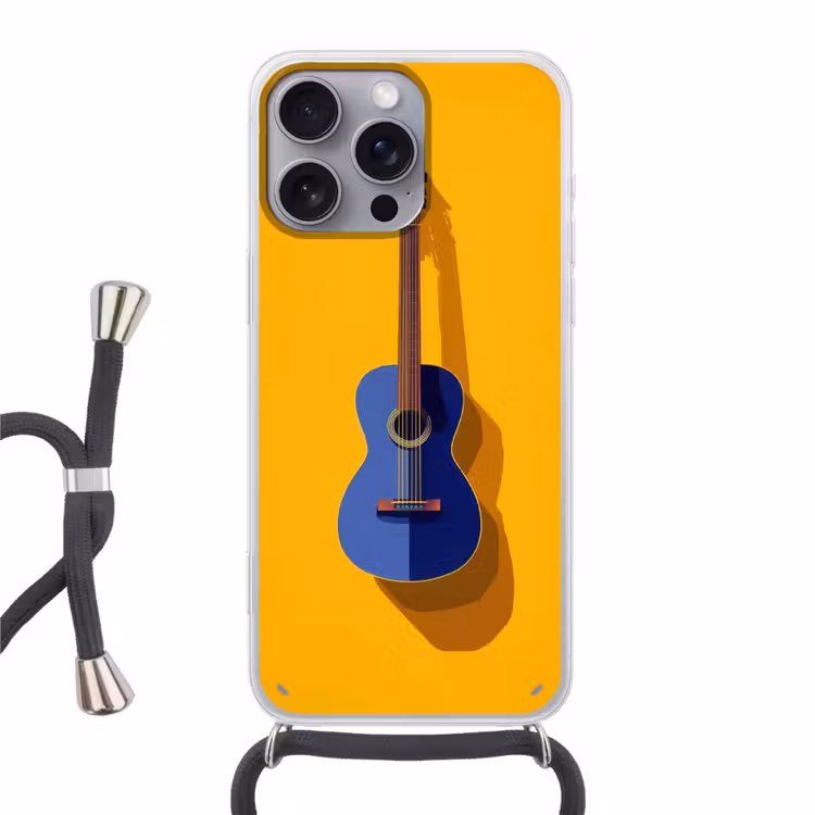 Gitaar - Akoestisch - Minimalistisch - Geel Hoesje iPhone 16 Pro Max met koord klein -3d