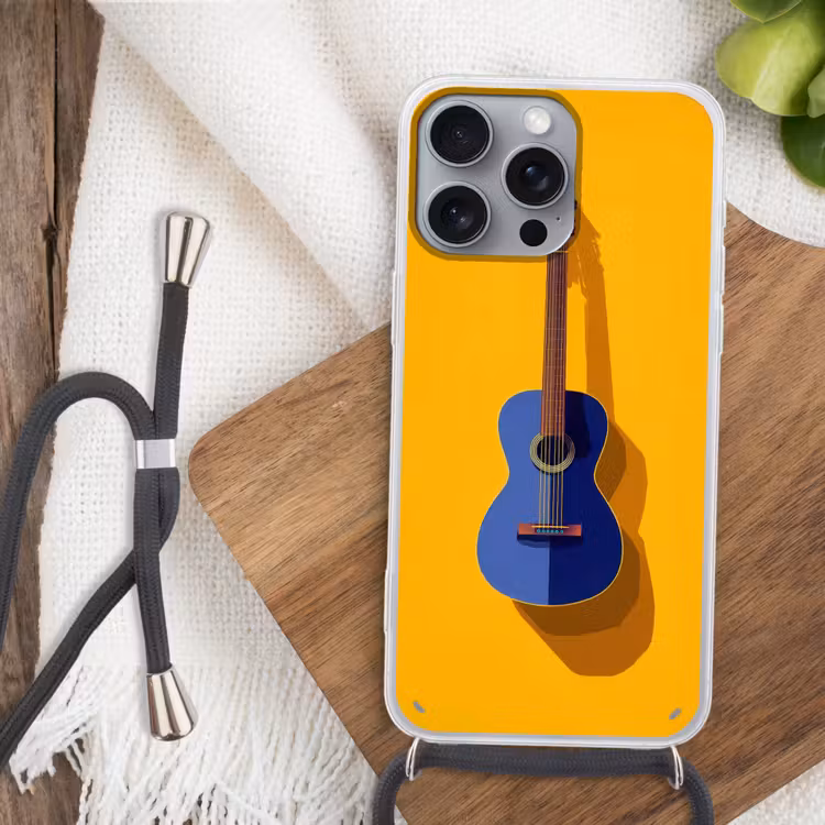 Gitaar - Akoestisch - Minimalistisch - Geel Hoesje iPhone 16 Pro Max met koord klein -sfeer4