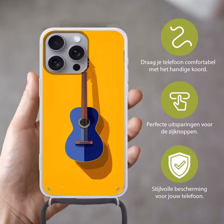 Gitaar - Akoestisch - Minimalistisch - Geel Hoesje iPhone 16 Pro Max met koord klein -sfeer2_NL