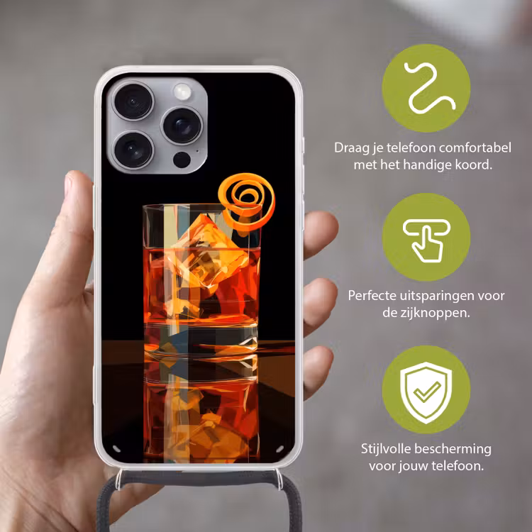 Glas - Ijsblokjes - Drinken - Bruin Hoesje iPhone 16 Pro Max met koord klein -sfeer2_NL