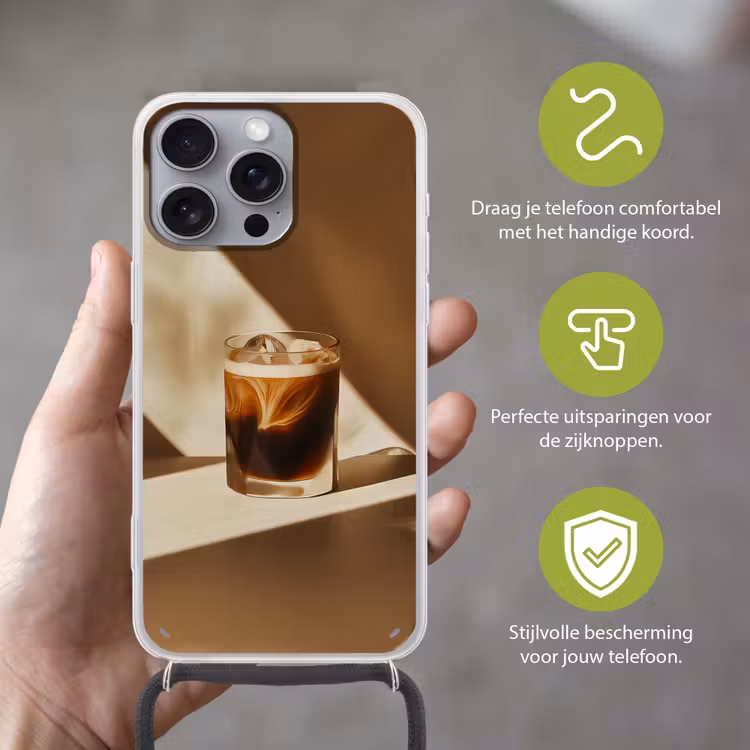 Glas - Ijskoffie - Schaduw - Bruin Hoesje iPhone 16 Pro Max met koord klein -sfeer2_NL