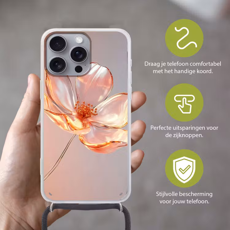 Glazen - Bloem - Roze Hoesje iPhone 16 Pro Max met koord klein -sfeer2_NL